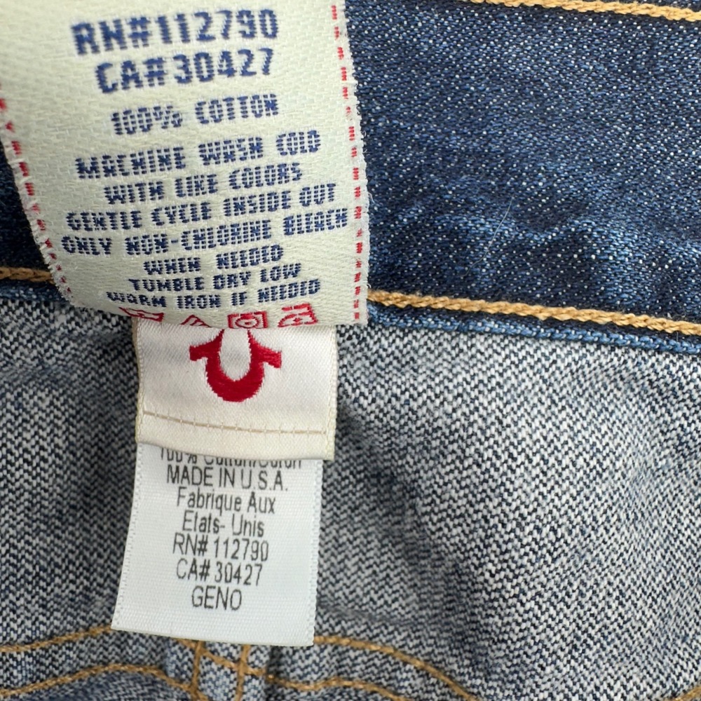 True Religion Geno Jeans Made In USA Dark Wash Denim 32x29 Whiskers Fade Leather - Picture 7 of 10